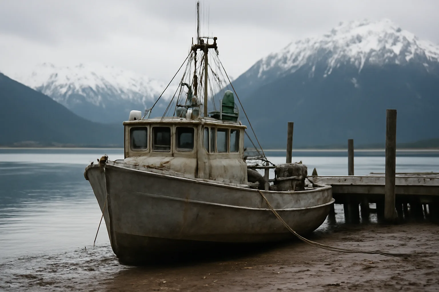 Aluminum fishing vessel moored at a remote Alaska harbor dock with snowy mountains behind