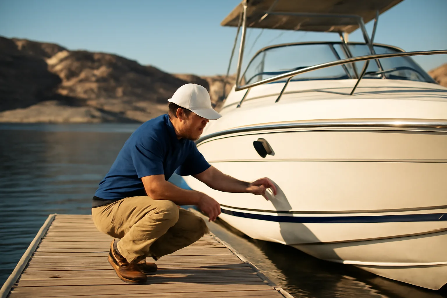 Marine surveyor inspecting powerboat hull at Arizona desert lake marina dock