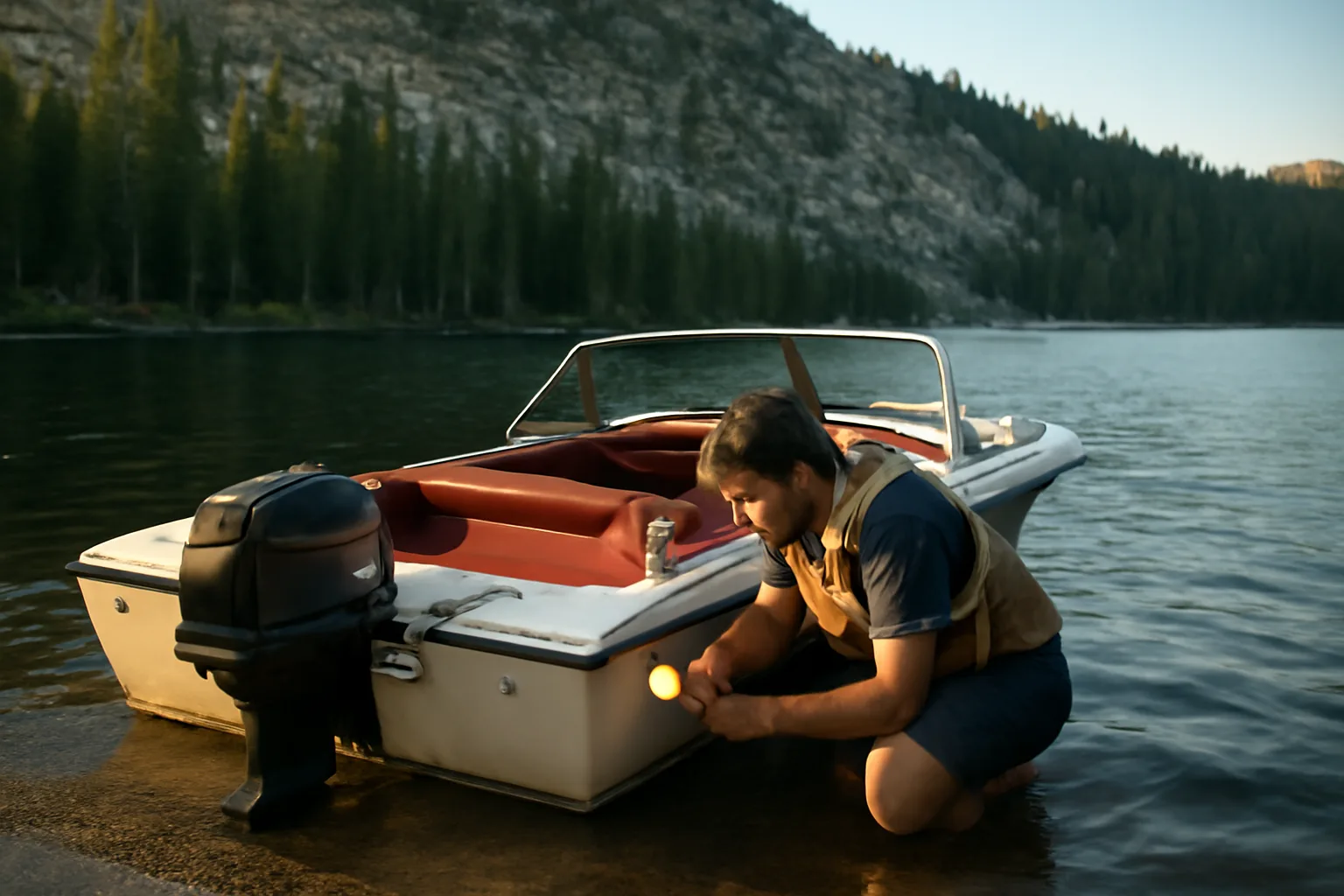 Surveyor inspects a runabout transom at a Colorado mountain reservoir