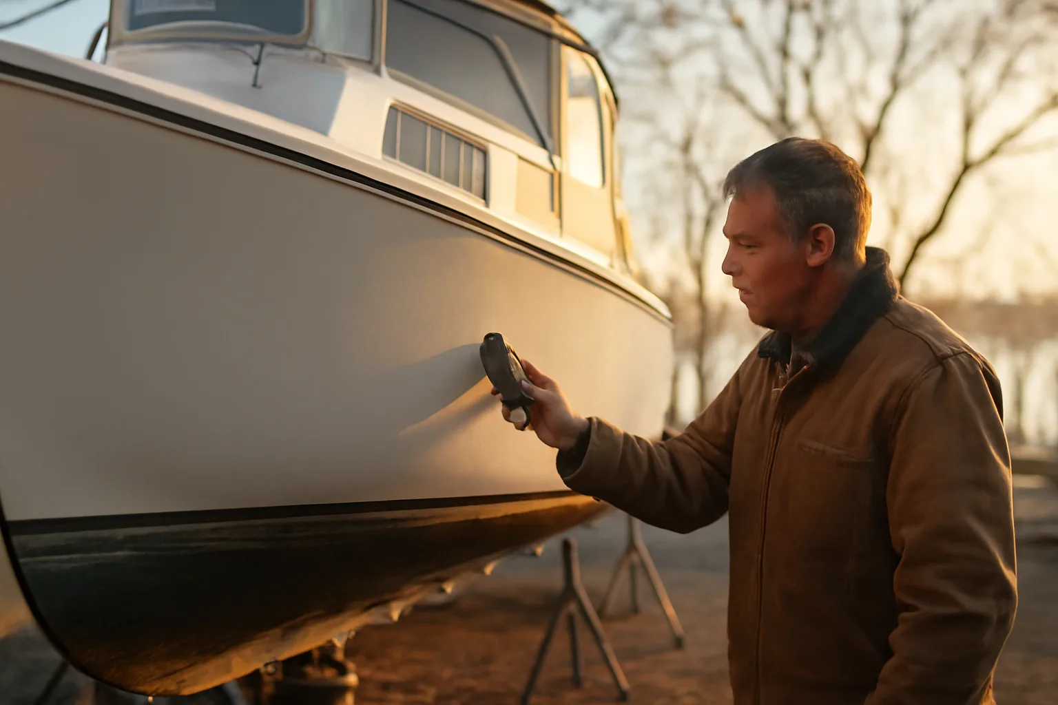 Marine surveyor inspecting a hauled-out hull in Connecticut