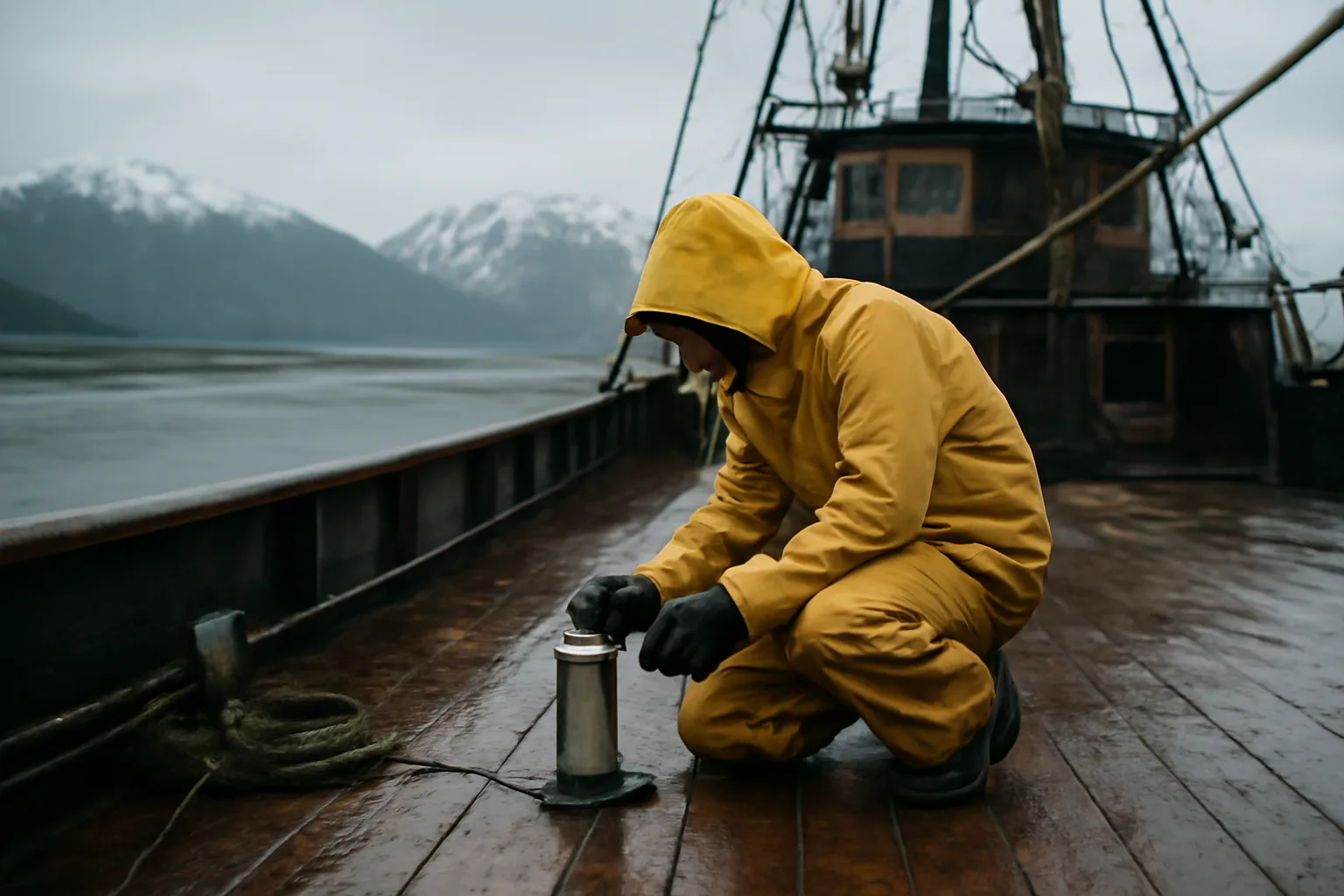 Marine surveyor inspecting a fishing vessel deck in an Alaska harbor