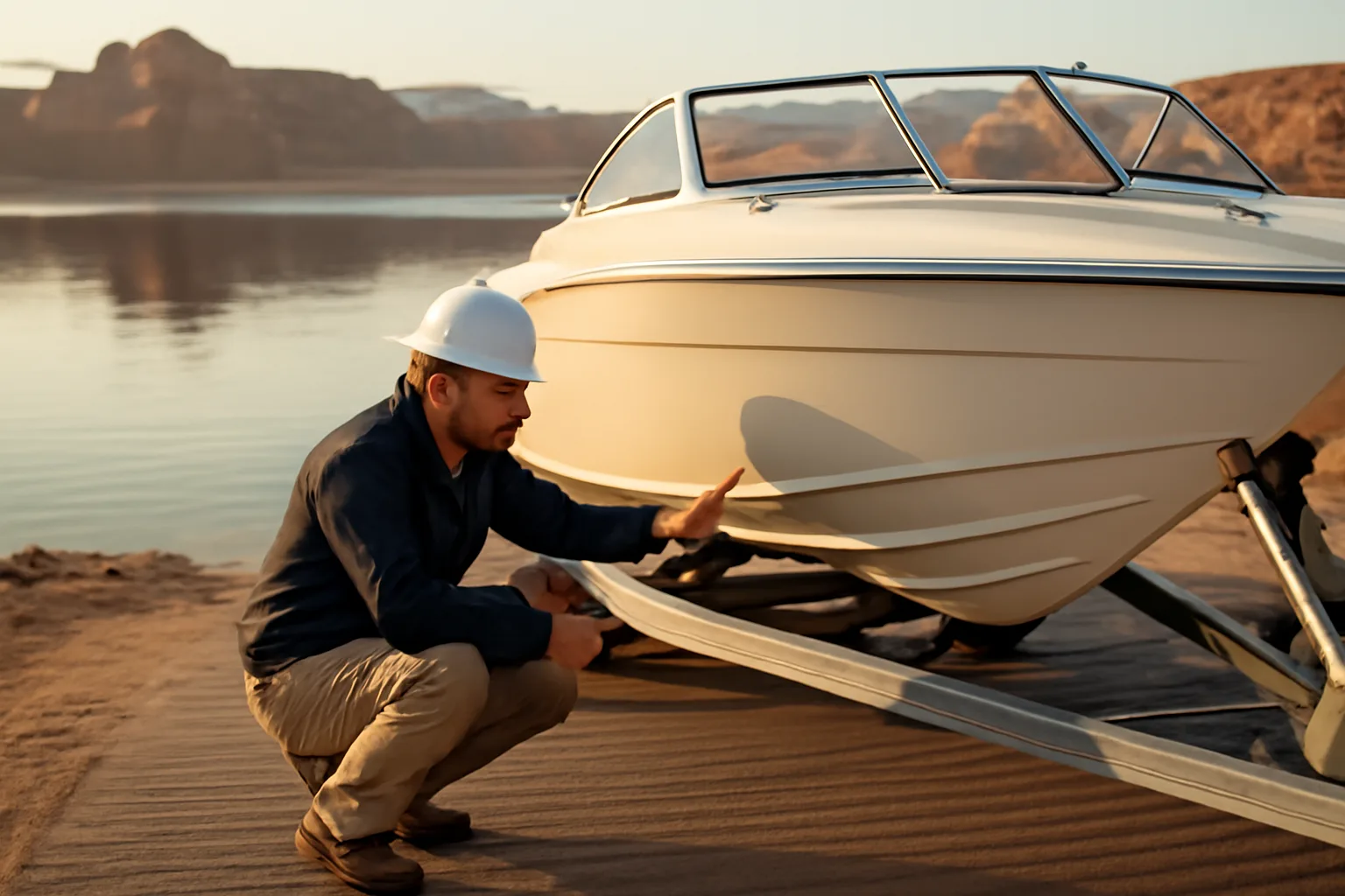 Marine surveyor inspects a runabout at an Arizona desert lake