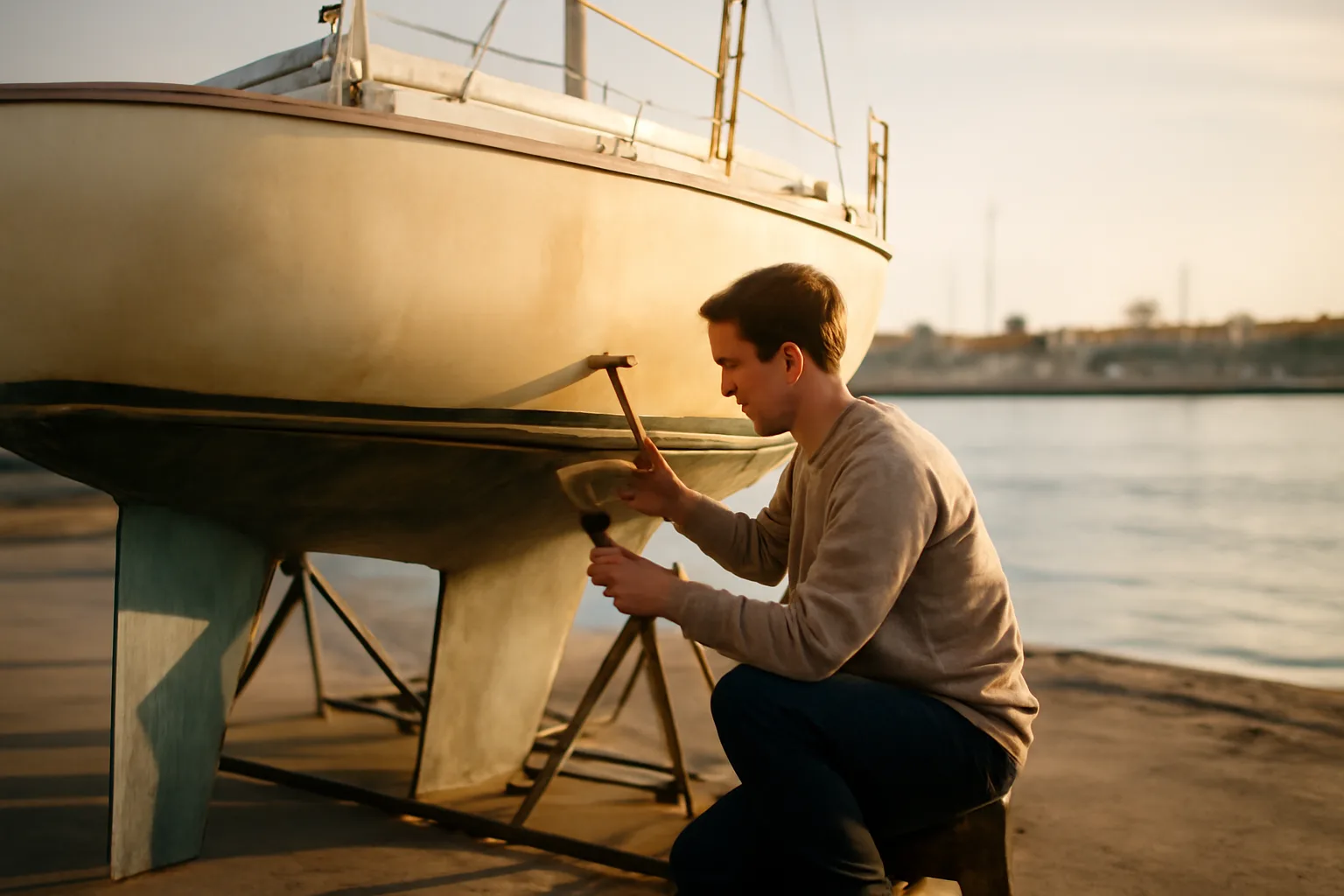 Marine surveyor checking a hauled sailboat hull in California