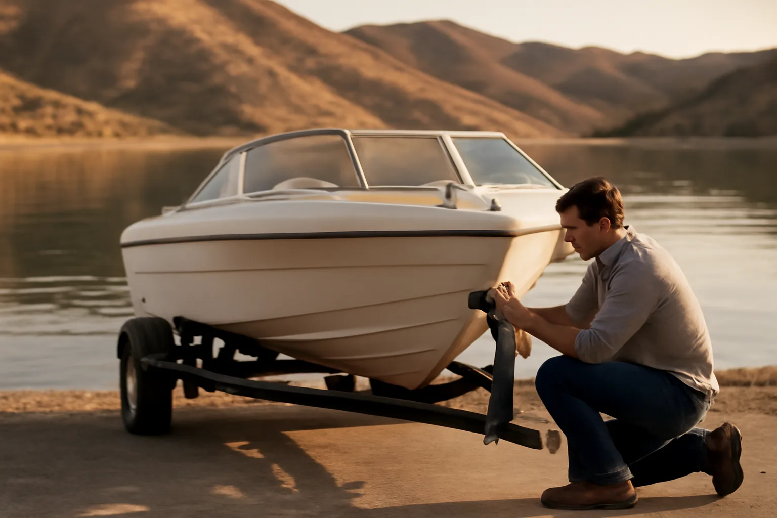 Marine surveyor inspects a trailered boat at a Colorado reservoir
