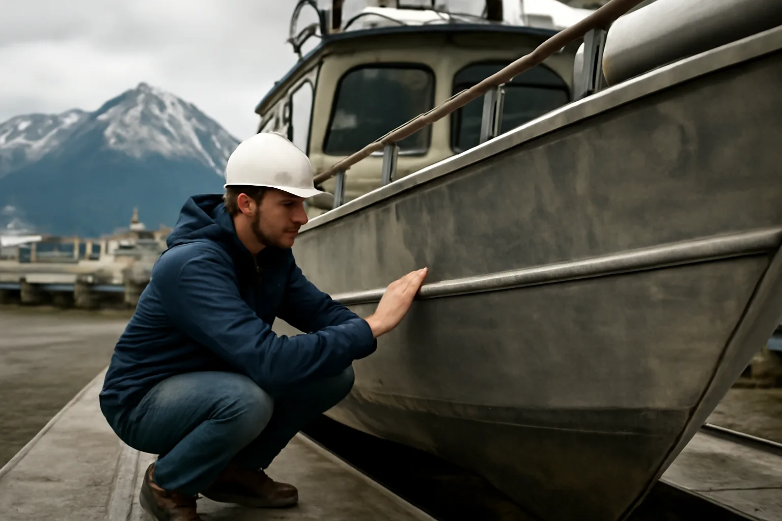 Marine surveyor inspecting aluminum hull of fishing boat at Alaska boatyard