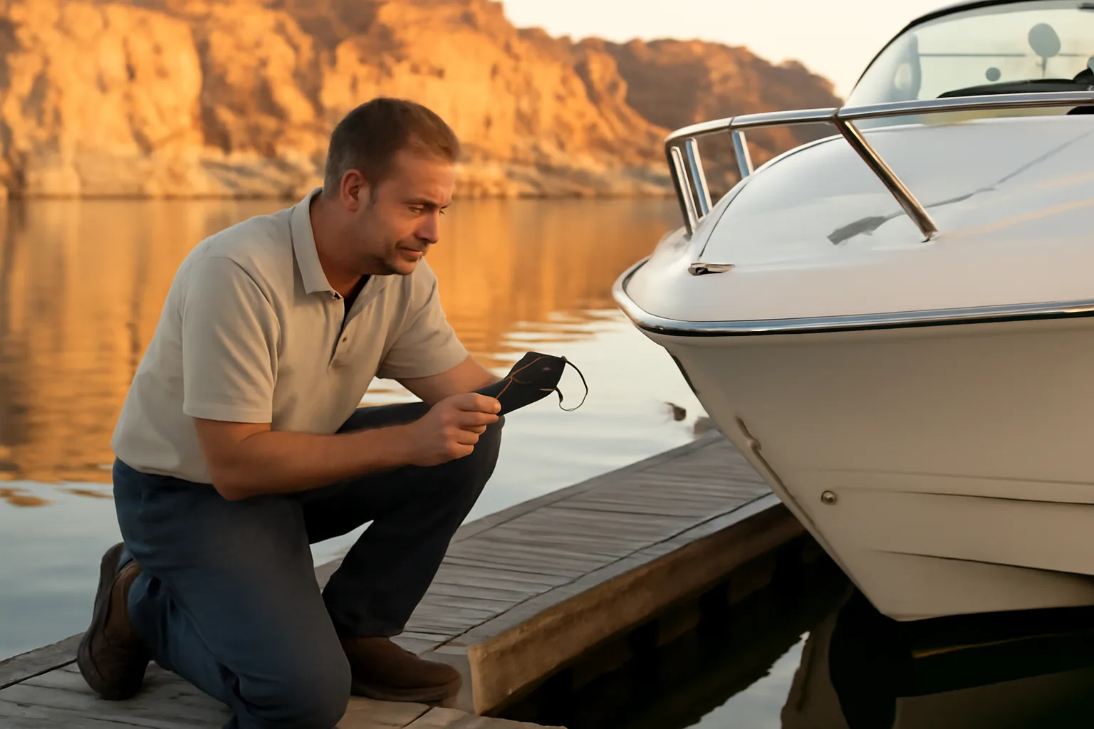 Marine surveyor inspecting a powerboat hull on an Arizona lake dock at sunrise