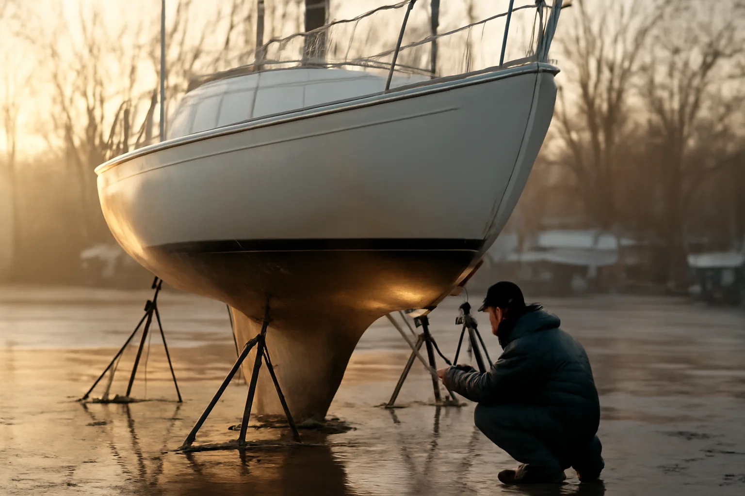 Surveyor inspects a hauled sailboat hull in a Connecticut yard
